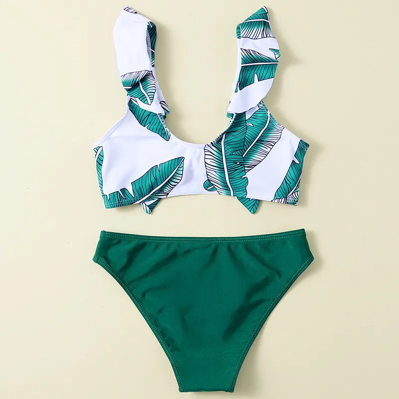 Factory Wholesale Kids Swimsuit Tropical Print Ruffles Custom Two Pieces Children Bikini