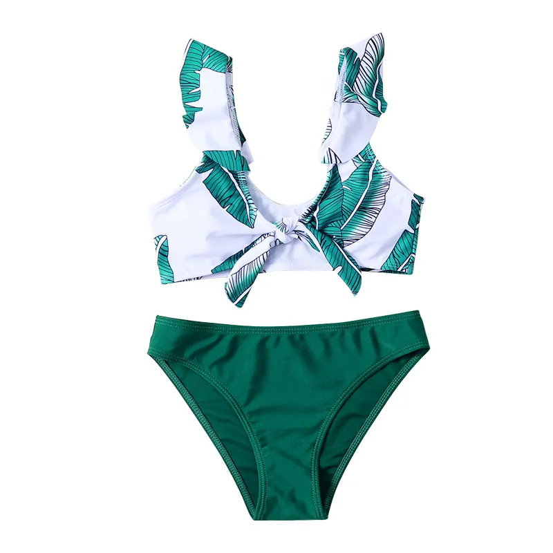 Factory Wholesale Kids Swimsuit Tropical Print Ruffles Custom Two Pieces Children Bikini
