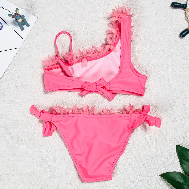 Kids Pink Designer One Shoulder Ruffle Two Pieces High Quality Children Bikini
