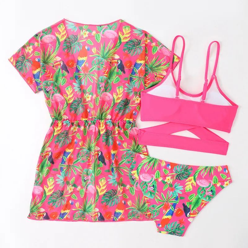 Girl&prime;s Tropical Prints Three-Piece Bikini Set with Mesh Cover up