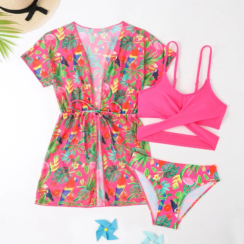 Girl&prime;s Tropical Prints Three-Piece Bikini Set with Mesh Cover up