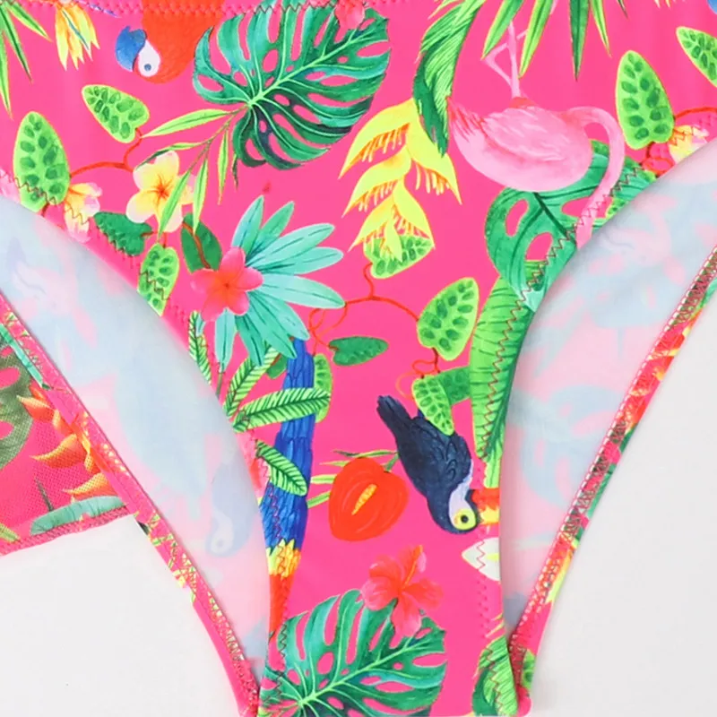 Girl&prime;s Tropical Prints Three-Piece Bikini Set with Mesh Cover up