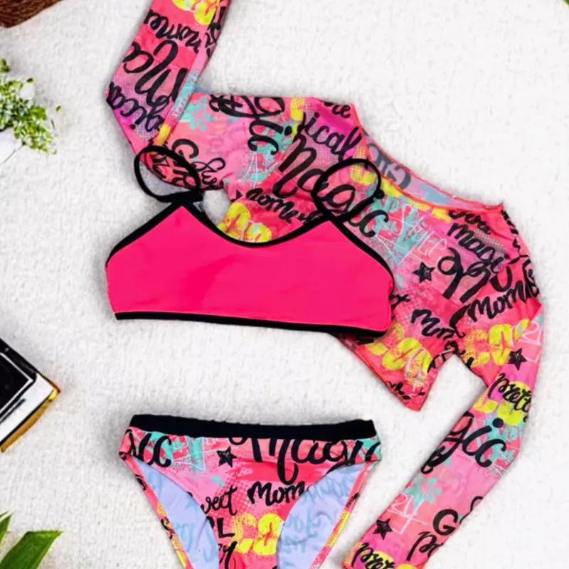Lettering Print Bright Colors Kids Three Pieces Bikini Set with Mesh Shirt Children Swimwear