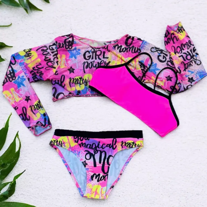 Lettering Print Bright Colors Kids Three Pieces Bikini Set with Mesh Shirt Children Swimwear