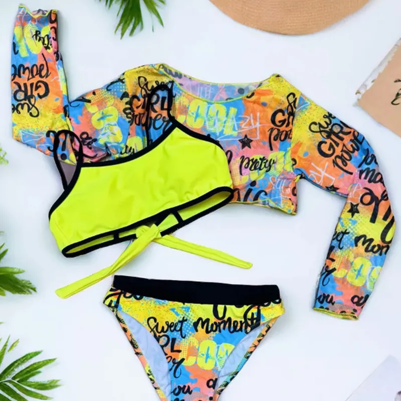 Lettering Print Bright Colors Kids Three Pieces Bikini Set with Mesh Shirt Children Swimwear