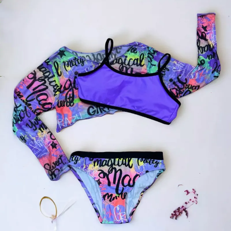 Lettering Print Bright Colors Kids Three Pieces Bikini Set with Mesh Shirt Children Swimwear