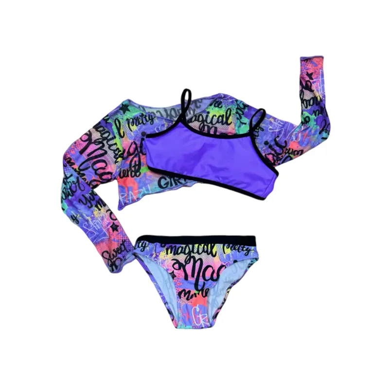 Lettering Print Bright Colors Kids Three Pieces Bikini Set with Mesh Shirt Children Swimwear