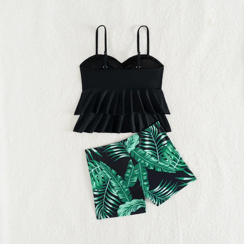Factory Wholesale Custom Tropical Print Ruffle Two Piece Kids Bikini with Boyshorts