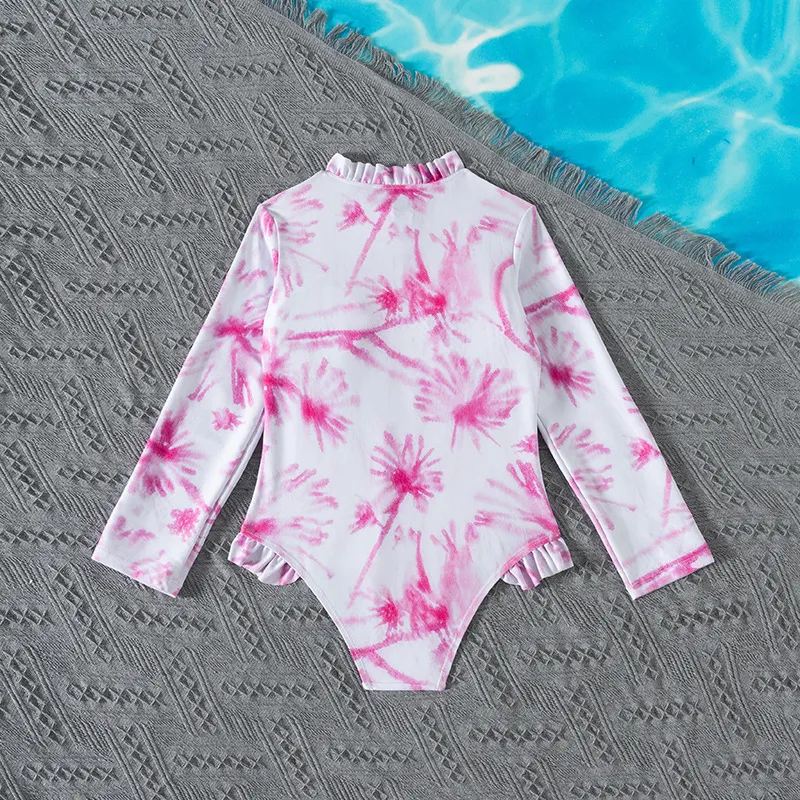 Tie-Dye One-Piece Children Bikini with Zipper Girl Long Sleeves Swimwear