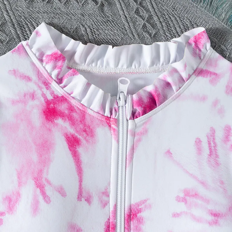 Tie-Dye One-Piece Children Bikini with Zipper Girl Long Sleeves Swimwear