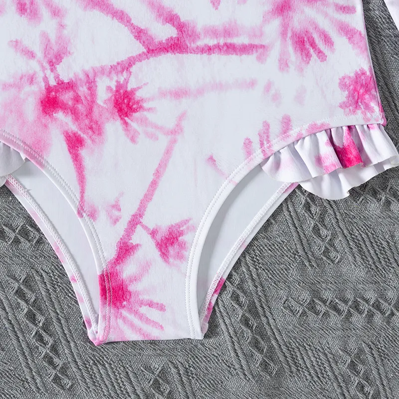 Tie-Dye One-Piece Children Bikini with Zipper Girl Long Sleeves Swimwear