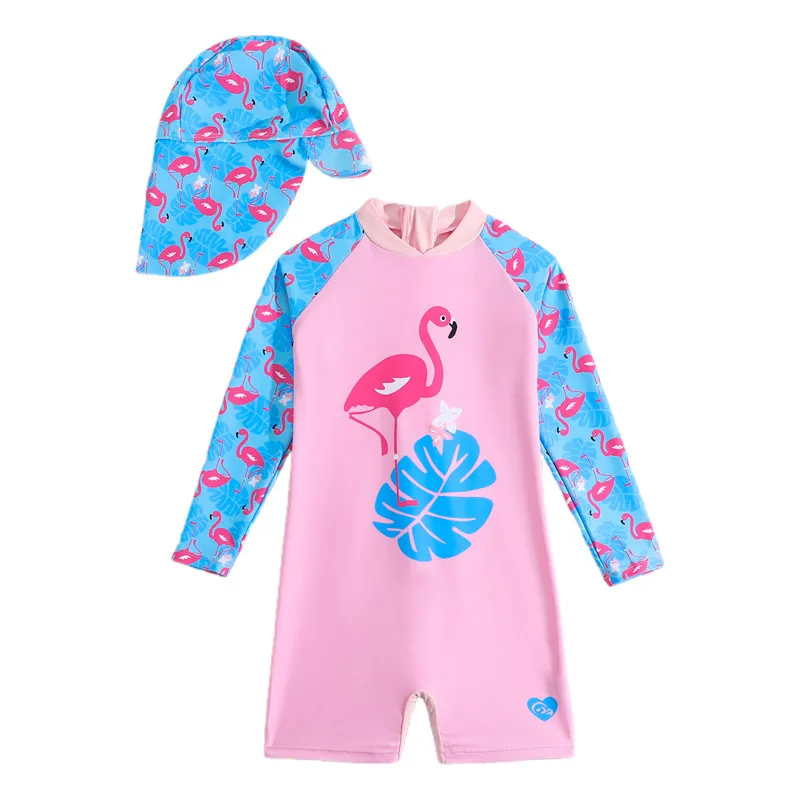 Custom Flamingo Print Baby Kids Cute Long Sleeves Boyshorts One Piece Bikini Set with Hat