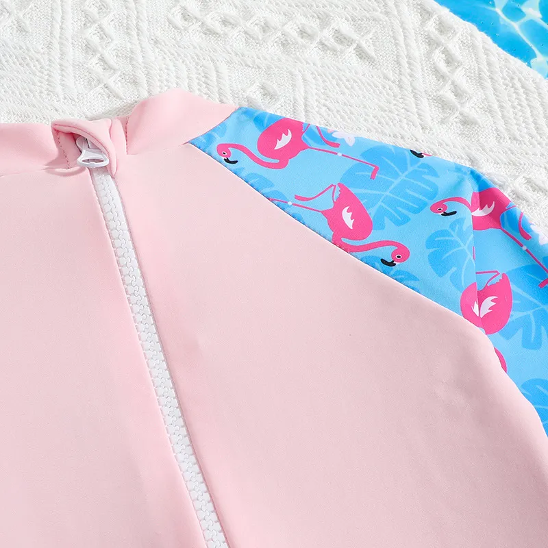 Custom Flamingo Print Baby Kids Cute Long Sleeves Boyshorts One Piece Bikini Set with Hat