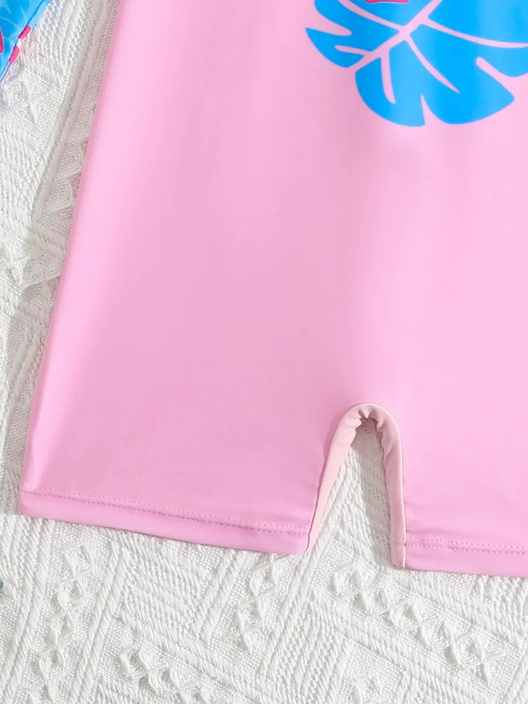 Custom Flamingo Print Baby Kids Cute Long Sleeves Boyshorts One Piece Bikini Set with Hat