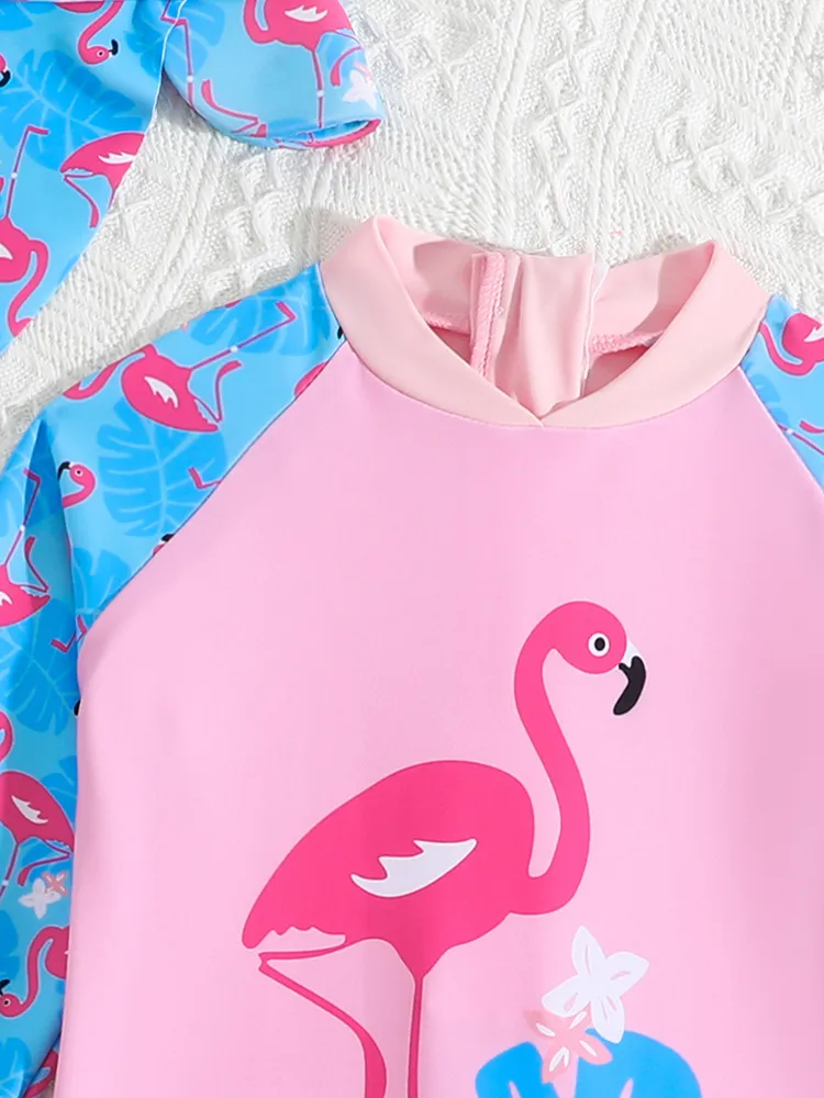 Custom Flamingo Print Baby Kids Cute Long Sleeves Boyshorts One Piece Bikini Set with Hat