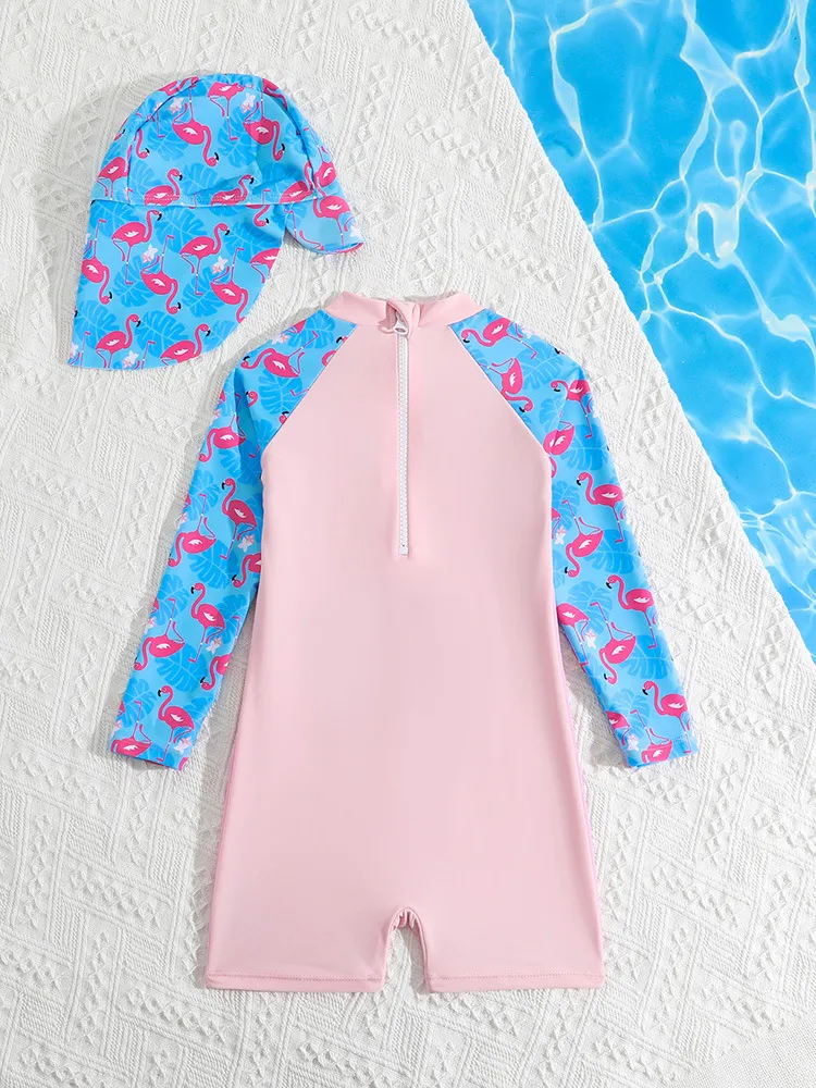 Custom Flamingo Print Baby Kids Cute Long Sleeves Boyshorts One Piece Bikini Set with Hat