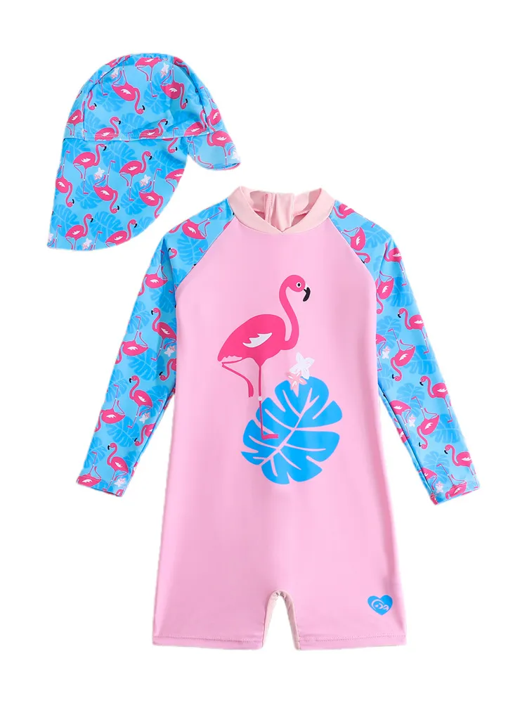 Custom Flamingo Print Baby Kids Cute Long Sleeves Boyshorts One Piece Bikini Set with Hat