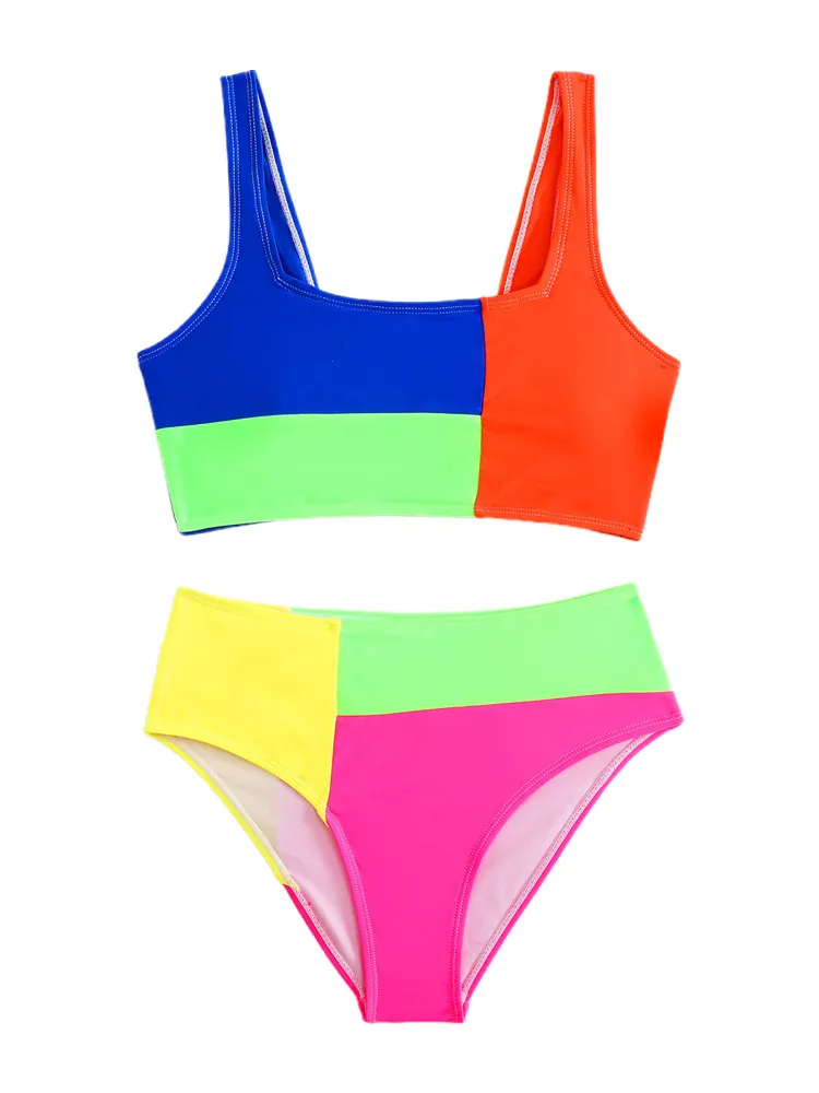 Designer High Quality Girl&prime;s Two Pieces Contrast Sport Swimsuit
