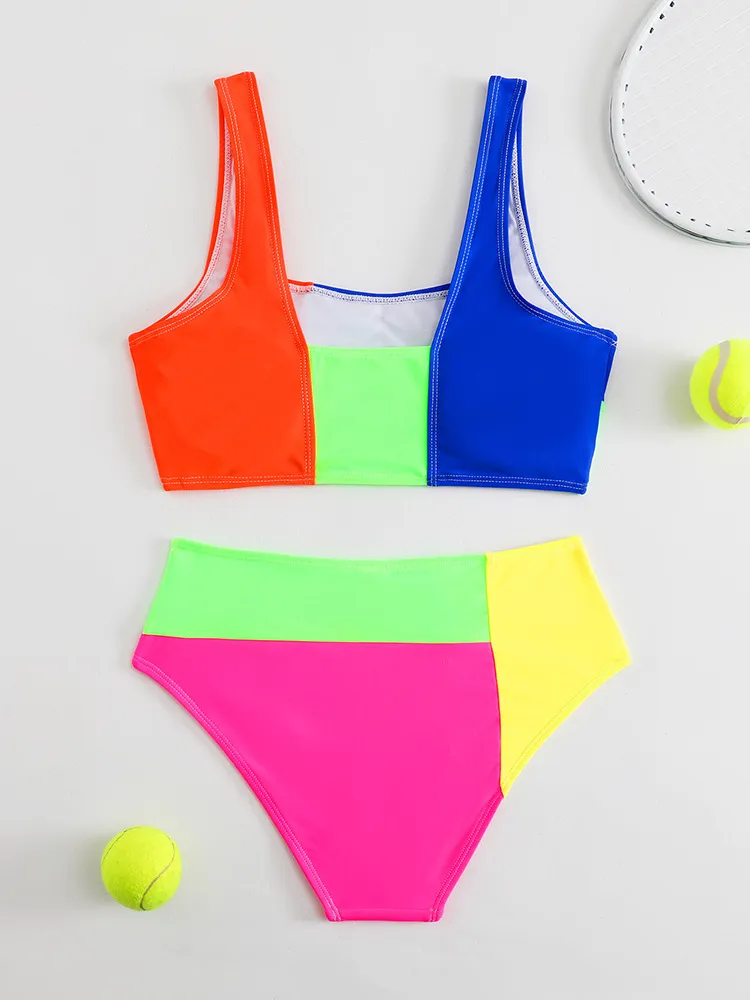 Designer High Quality Girl&prime;s Two Pieces Contrast Sport Swimsuit