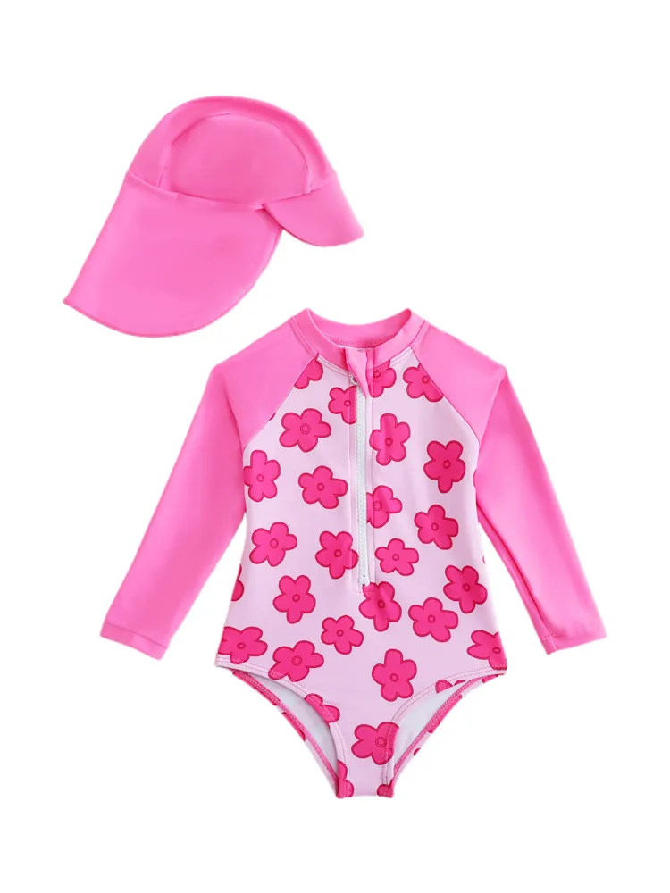Factory Costom Flowers Printed Long Sleeves Zipper Pink One Piece Kids Swimsuit with Sun Protection Hat