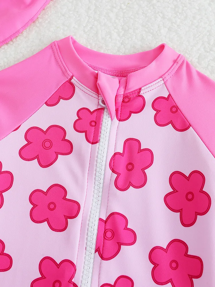 Factory Costom Flowers Printed Long Sleeves Zipper Pink One Piece Kids Swimsuit with Sun Protection Hat