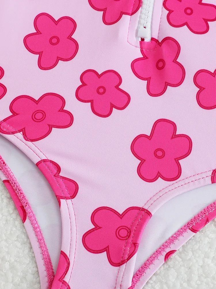 Factory Costom Flowers Printed Long Sleeves Zipper Pink One Piece Kids Swimsuit with Sun Protection Hat