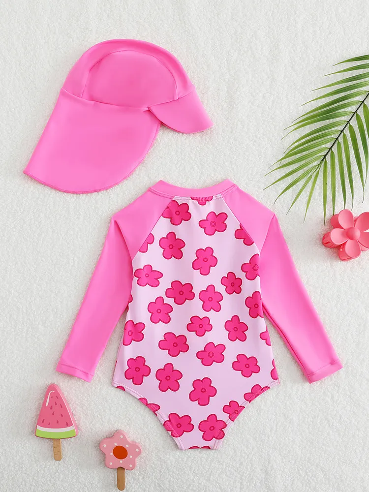 Factory Costom Flowers Printed Long Sleeves Zipper Pink One Piece Kids Swimsuit with Sun Protection Hat