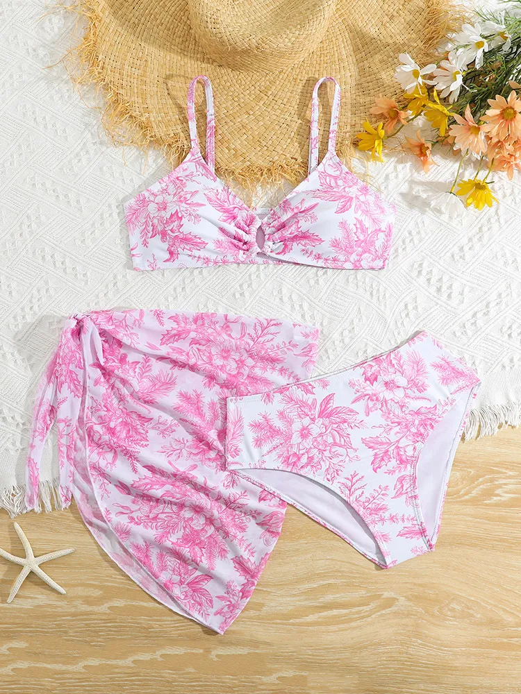 Summer Kids Printed Three Pieces Bikini Set with Mesh Skirt