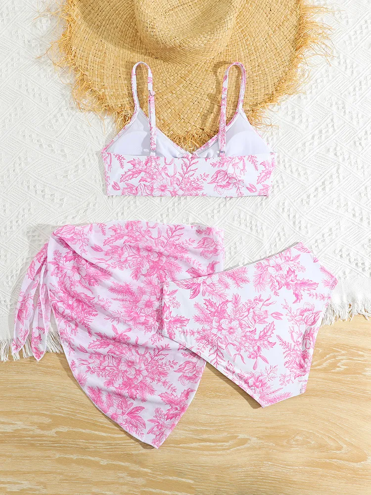 Summer Kids Printed Three Pieces Bikini Set with Mesh Skirt