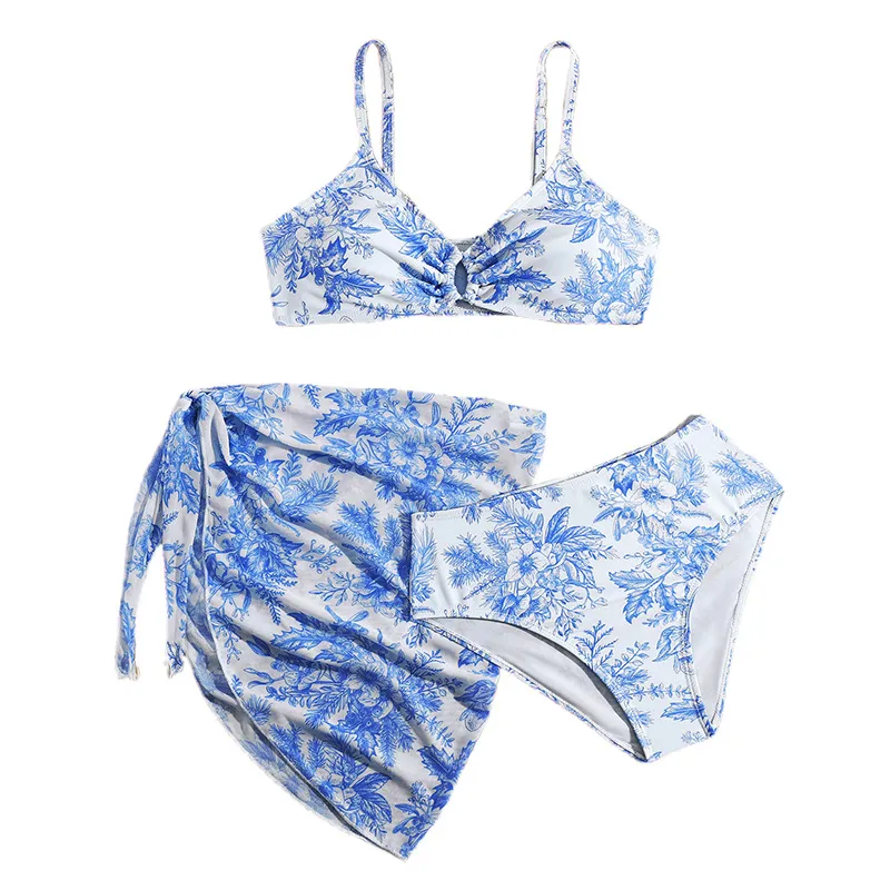 Summer Kids Printed Three Pieces Bikini Set with Mesh Skirt