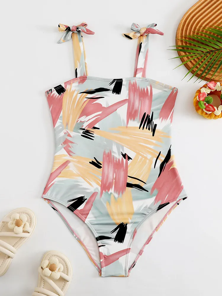 Factory Wholesale Kids One Piece Abstract Printing Swimwear