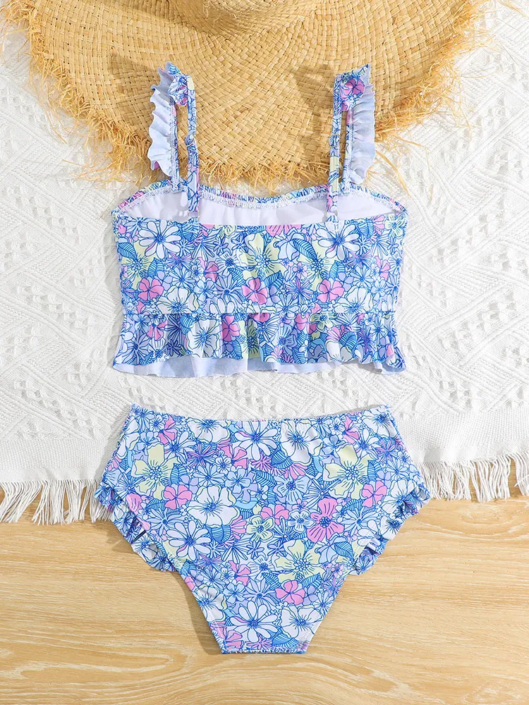 Factory Wholesale Girl Smocking Flowers Printed Two Pieces Bathing Suit Swimwear