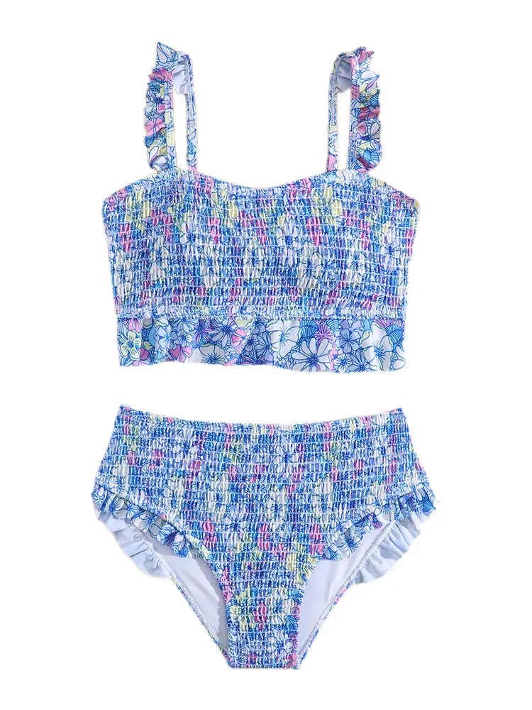 Factory Wholesale Girl Smocking Flowers Printed Two Pieces Bathing Suit Swimwear