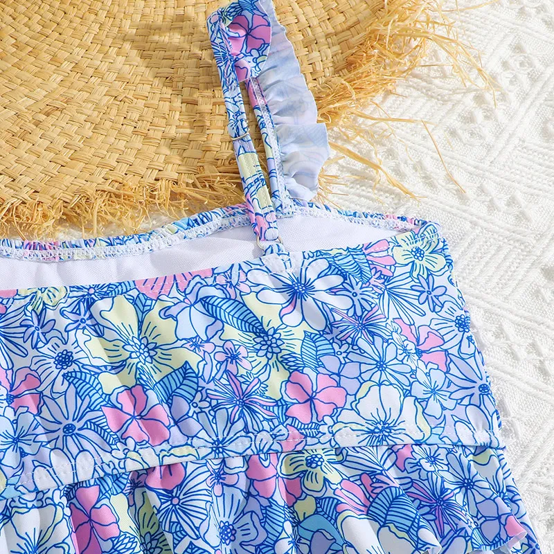 Factory Wholesale Girl Smocking Flowers Printed Two Pieces Bathing Suit Swimwear