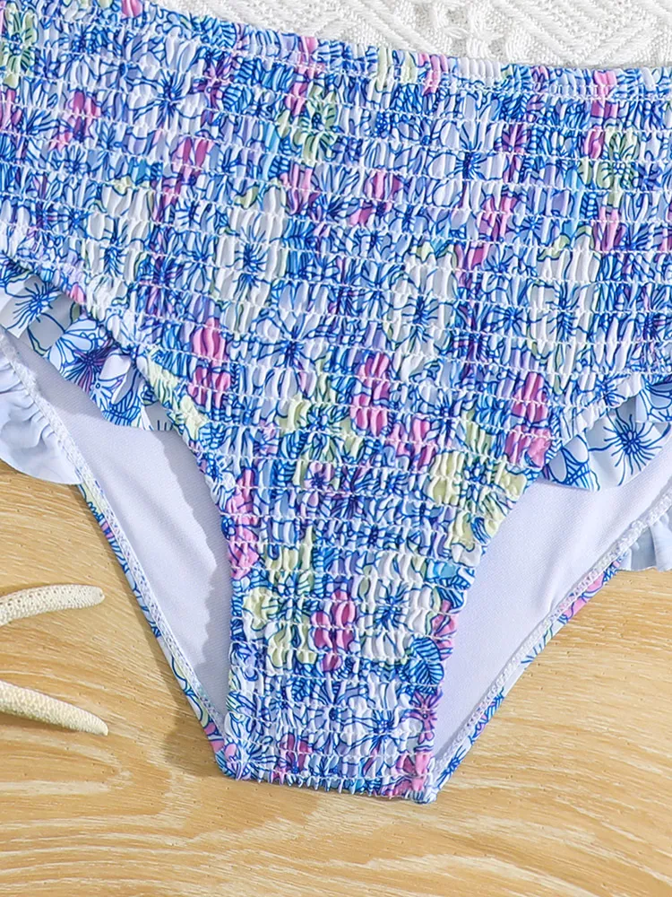 Factory Wholesale Girl Smocking Flowers Printed Two Pieces Bathing Suit Swimwear