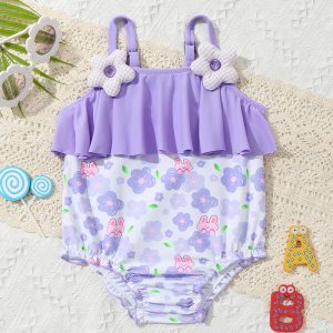 Baby Cute Flowers Printed One Piece Children Bikini Ruffles High Quality Kids Swimwear with Charm