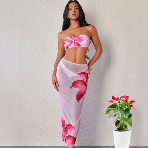 Bandeau Bikini Lily Print Three Pieces Women Swimsuits with MIDI Mesh Hip Skirt