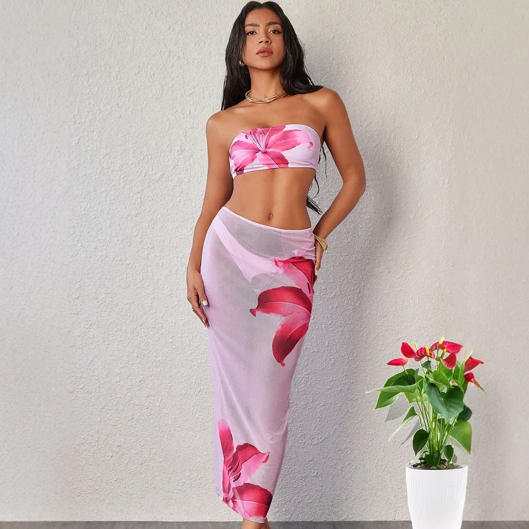 Bandeau Bikini Lily Print Three Pieces Women Swimsuits with MIDI Mesh Hip Skirt
