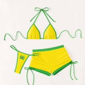 Brazil Letter Printing Three Pieces Swimsuits with Bobyshort