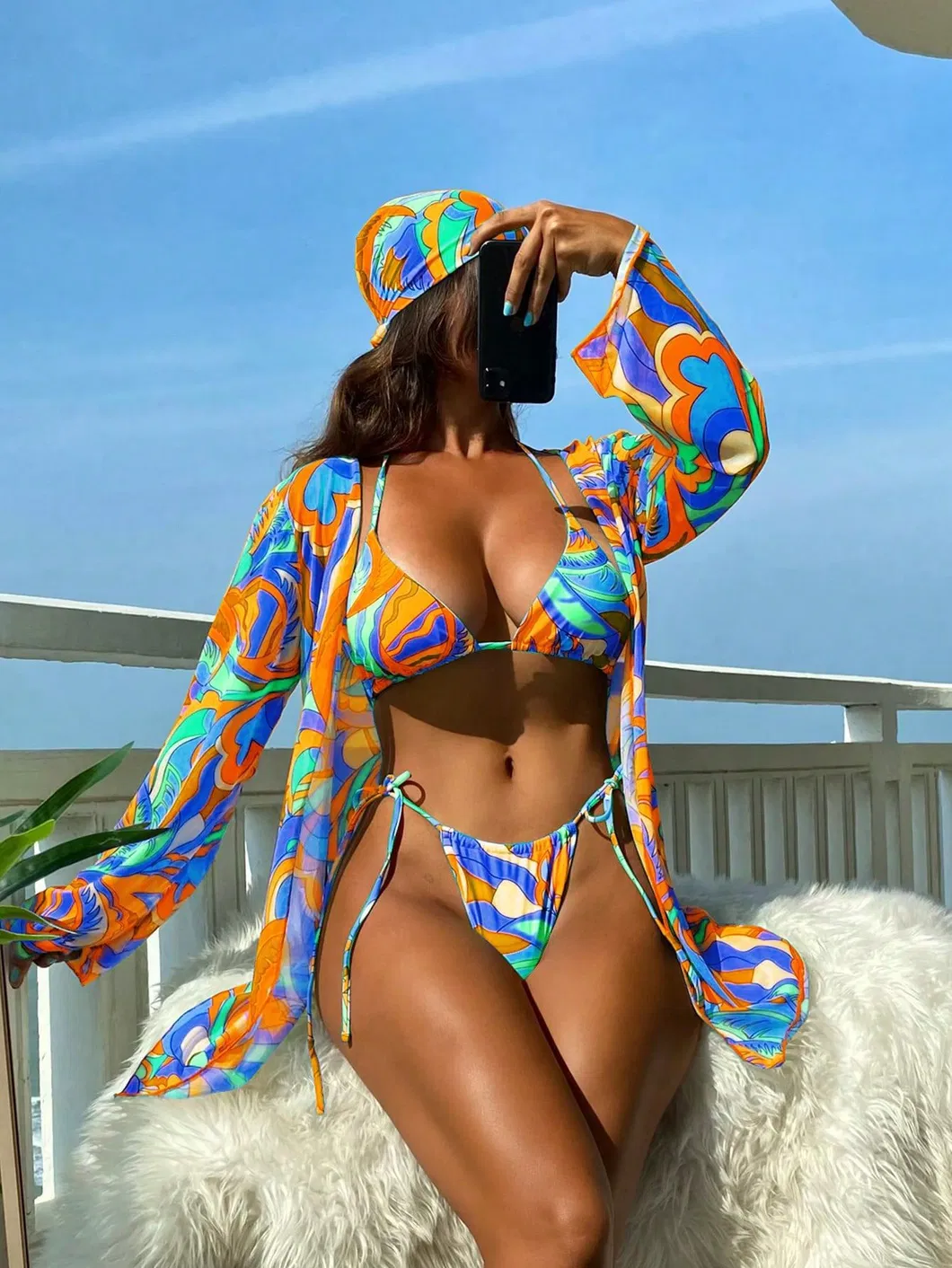 Colorful Printing Three Piece Swimsuits with Mesh Cover up