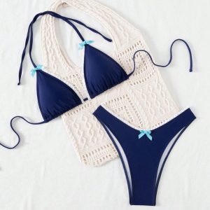 Contrast Lace Ruffle Edge Two Piece Swimsuits with Bowknot
