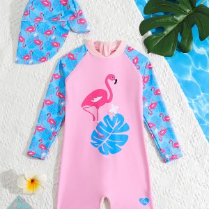 Custom Flamingo Print Baby Kids Cute Long Sleeves Boyshorts One Piece Bikini Set with Hat
