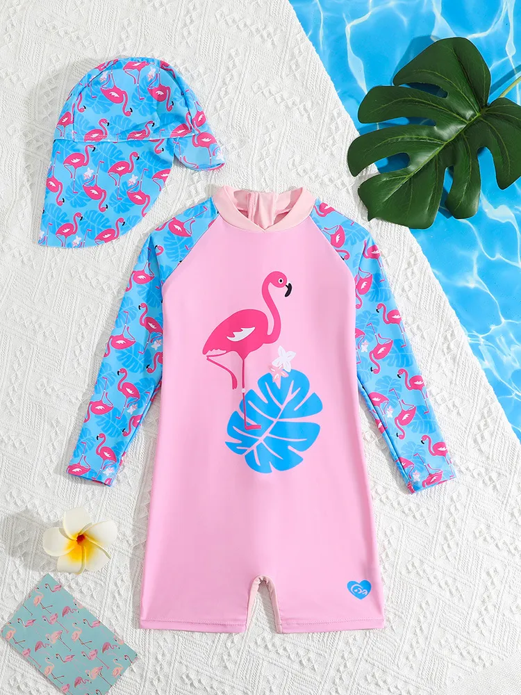 Custom Flamingo Print Baby Kids Cute Long Sleeves Boyshorts One Piece Bikini Set with Hat