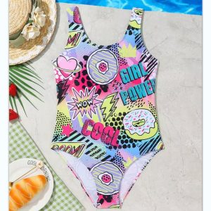 Custom New Design One Piece Letter Print Kids Bikini Baby Girl Cute Bathing Suit