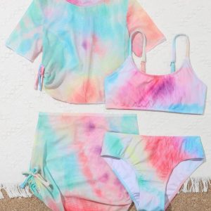 Designer Tie-Dye Colorful Girl Four Pieces Swimsuit with Mini Skirt