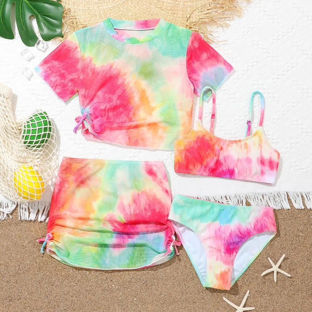 Designer Tie-Dye Colorful Girl Four Pieces Swimsuit with Mini Skirt