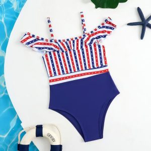 Factory Baby Girl One Pieces Bikini off-Shoulder Ruffle Bathing Suit Striped Printed Swimwear