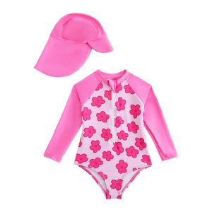 Factory Costom Flowers Printed Long Sleeves Zipper Pink One Piece Kids Swimsuit with Sun Protection Hat
