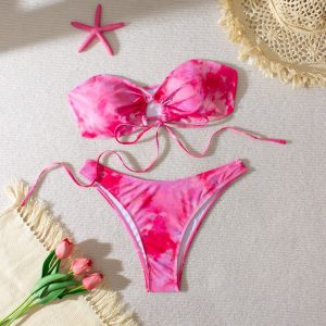 Factory Hot Product Tie-Dye Bandeau Cut out Two Pieces Bikini Women Custom Swimsuits