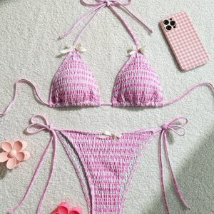 Factory Smocking Halter Two Pieces Bows Women Bikini